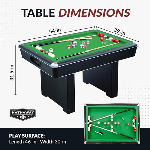 Hathaway Renegade 54-in Bumper Pool Table for Game Room – Genuine Slate Play Bed & Carpeted Ball Return System – Includes Cues, Balls, Brush & Chalk – Green Felt with Black Finish