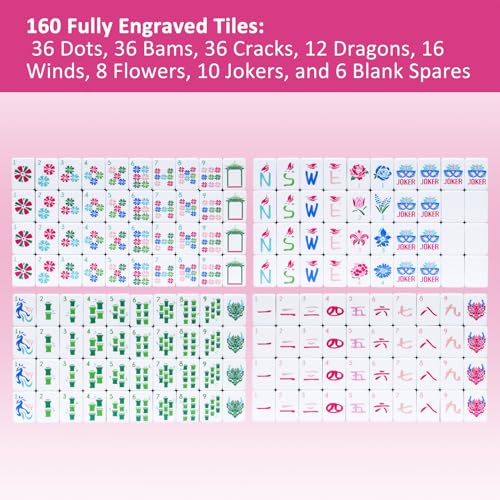 American Mahjong Tile Set(4 Layer) with Carrying Bag, 160 Engraved Acrylic Tiles, 4 All-in-One Rack/Pushers, Mahjong Game Set (Ma Jong, Mah-Jongg) - color: Magenta
