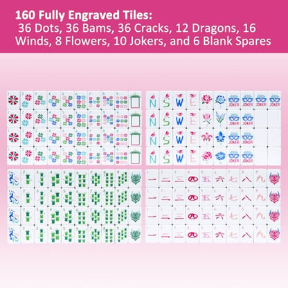 American Mahjong Tile Set(4 Layer) with Carrying Bag, 160 Engraved Acrylic Tiles, 4 All-in-One Rack/Pushers, Mahjong Game Set (Ma Jong, Mah-Jongg) - color: Magenta