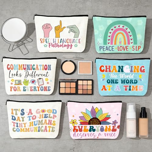 Speech Therapy Gifts for Women - 6Pcs Speech Therapist Makeup Bags, SLP Cosmetic Bag with Zipper, Speech Language Pathologist Thank You Appreciation Christmas Gradaution Birthday Gifts - color: 6pc slp