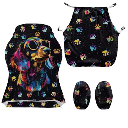 Dachshund Dog Print Computer & Gaming Chair Slipcover Dog Paw Print Gaming Chair Covers Slipcovers 4Pcs with Armrest Cover Universal Fit Office Desk & Racing Computer Gamer Chairs - color: Black - Dachshund Dog Dog Paw