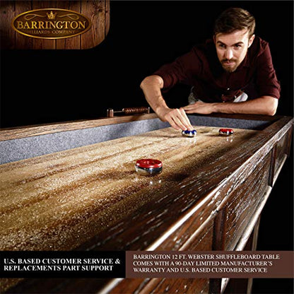 Barrington 12ft Webster Shuffleboard Table, Solid Wood, Storage Cabinets | 12ft rustic shuffleboard table with 1.75" solid wood poly-coated playfield, storage cabinets, 8 pucks & speed powder