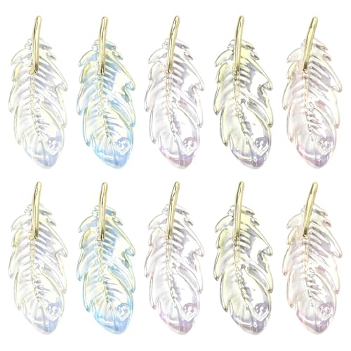 Stiesy 10 Pcs Feather Charms Pendants UV Plating Transparent Acrylic Wings Feathers Charm Bulk for Jewelry Bracelet Making DIY Crafts Necklace - color: Feather-10pcs-5 colors