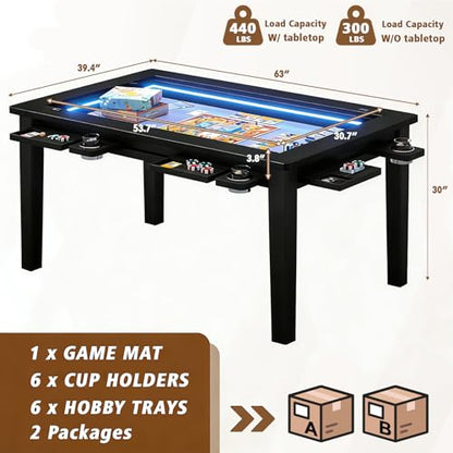 Haddockway Solid Wood Board Game Table with Colorful Led Lights, Dining/Gaming Table for 4-6 Players with Charge Station,Removable Top, Play Mat, 6 Cup Holders & Trays (Black) - color: Solid Wood Black With Led Light