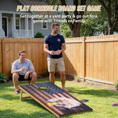 Cornhole Board Set,Corn Hole Games for Adults Outdoor,2X4FT Solid Wood Regulation Cornhole Boards with 8 Cornhole Beans Bags & Carry Case - style: Eagle's Head&American Flag