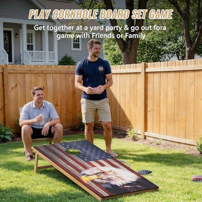 Cornhole Board Set,Corn Hole Games for Adults Outdoor,2X4FT Solid Wood Regulation Cornhole Boards with 8 Cornhole Beans Bags & Carry Case - style: Eagle's Head&American Flag
