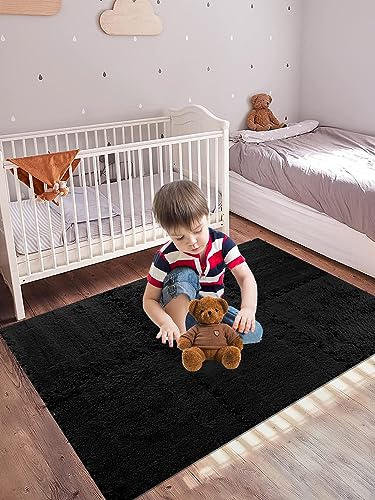 12 pcs Thickened Plush Foam Interlocking Floor Mats, Interlocking Foam Tiles with Edgings for Kids, Soft Anti-Slip Puzzle Area Square Rug Playmat for Children Room Flat (11.8", Black) - color: Black