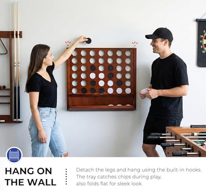 Giant Wooden 4 in A Row Game for Indoor or Outdoor Games | Foldable Tray, 2 Styles of Play: Wall Mounted or Set-up on Ground, Carrying Case, Detachable Legs, Premium Varnished Pine - style: Classic