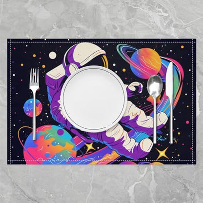 Astronaut Kids Placemats Cartoon Colorful Graffiti Planets Table Mats for Boys Girls Teens Starry Galaxy Glitter Stars Hippie Kitchen Mats for Dining Table 12x18 Inch Set of 4 - color: Purple Pink Blue Yellow