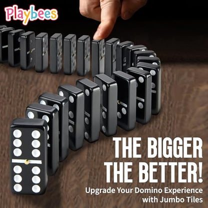 Playbees Jumbo Double Six Dominoes Set - 28 Black Classic Tiles in Faux Leather Case - Fun Educational Toy for Kids, Boys, Girls, Classroom Kit, Classic Game Night Party Favors Set, Travel-Friendly - size: Black, style: Classic