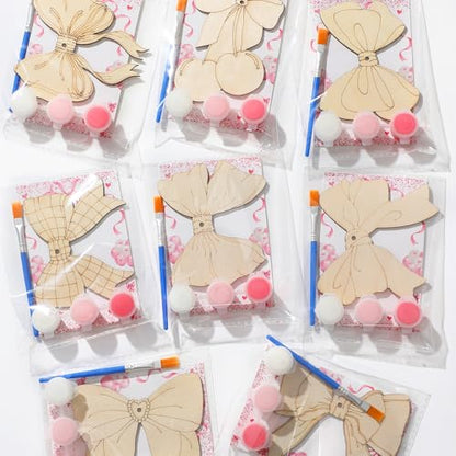 Saypacck 24 Pcs Pink Bow Party Favors Wooden Painting Craft Kits Birthday Party Supplies with Organza Bag for Goodie Bags Fillers Adult Thank You Gifts - style: Bowknot Style