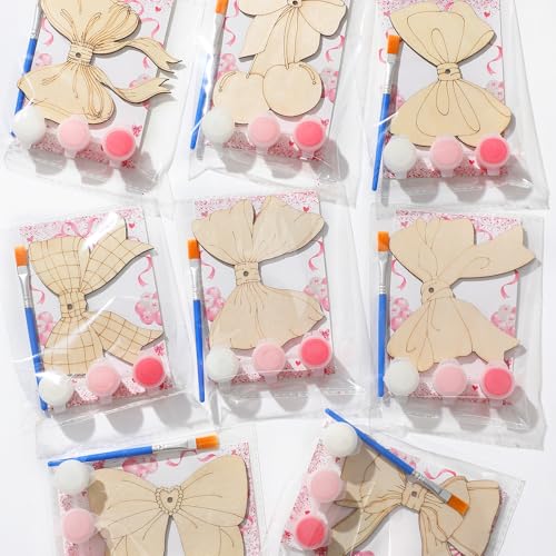 Saypacck 24 Pcs Pink Bow Party Favors Wooden Painting Craft Kits Birthday Party Supplies with Organza Bag for Goodie Bags Fillers Adult Thank You Gifts - style: Bowknot Style