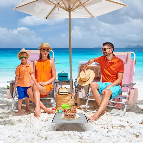 Tangkula Backpack Beach Chair with Table, 5-Position Lay Flat Chairs with Cooler Bag, 2 Cup Holders, Towel Bar, Lightweight Low Folding Chair with Backpack Straps, Pink - color: Pink, style: 2 Pack with Table