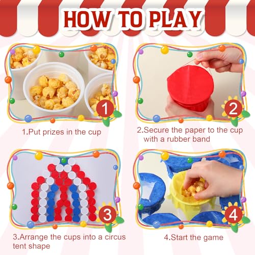 Domensi 60 Pack Carnival Party Game Punch Game Set DIY Prize Punch Boxes Includes Plastic Cups Tissue Paper Rubber Bands Blindfolds and Red Pens for Carnival Circus Activities Party Favors Supplies