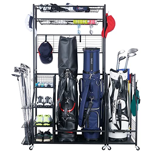 Mythinglogic Golf Bag Storage Garage Organizer,2 Golf Bags Storage Stand and Golfing Equipment Accessories Storage Rack with 4 Removable Hooks, Extra Golf Clubs Display Rack - color: Black with extra golf rack