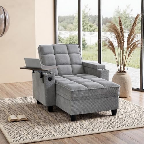 oaaktu Modern Tufted Linen Fabric Chaise Lounge Sofa Chair with Rotating Side Table,Storage,Pillow,USB Charging Ports and Adjustable Backrest Perfect for Living Room, Small Spaces (12-Light Gray) - color: 12-light Gray