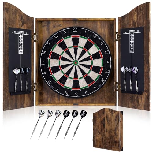 Sisal Dart Board Cabinet Sets, Decorative Dart Boards for Adults [6*Steel Darts] - Wooden Dartboard Cabinet with Integrated Scoreboard for Family Game Rooms - style: RETRO