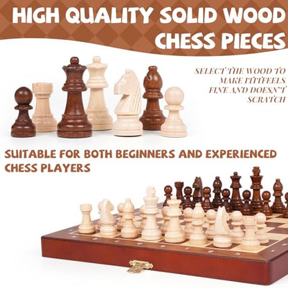 Magnetic Travel Chess Set with Wooden Folding Board – 12 Inch Portable Magnetic Chess Board Game with Handcrafted Wooden Pieces, 2 Extra Queens, Strategy Chess Set for Adults Kids Beginners