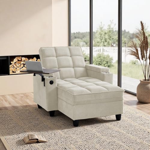 oaaktu Modern Tufted Linen Fabric Chaise Lounge Sofa Chair with Rotating Side Table,Storage,Pillow,USB Charging Ports and Adjustable Backrest Perfect for Living Room, Small Spaces (12-Beige) - color: 12-beige