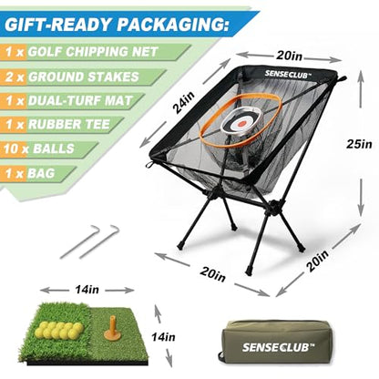 SENSECLUB Foldable Chipping Net with Mat & Balls, Heavy-Duty Practice Golf Net Chipping Target, Backyard Golf Game & Gifts - style: Orange +Mat +Balls