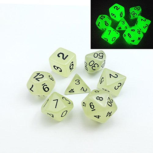 Set of 7 Glow in The Dark Polyhedral Dice (7 Die in Set) | Role Playing Game Dice | D4, D6, D8, D10, D%, D12, and D20 (Aqua) - color: Glow in the Dark Dice Set