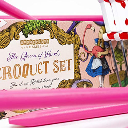 Queen of Hearts Flamingo Croquet - Alice in Wonderland Themed Croquet set for adults for kids. 4 Player wooden croquet set by Professor Puzzle.