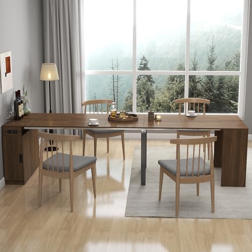 24"-118" Extendable Dining Table with Storage for 2-12 People, Modern Space-Saving Extra Long Wood Folding Table with USB & AC Outlets, Multifunctional Conference Meeting Table, Walnut - color: Walnut, style: 24" - 118.5" (2-12 People)