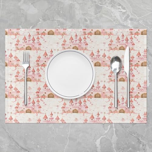 Erosebridal Cartoon Placemats 12X18 Inch Set of 4,Cute Fantasy Dreamy Castle Place Mats for Girls Child Kids,Beautiful Ribbon Floral Flowers Blossom Petals Waterproof Placemats for Kitchen Table - color: Hot Pink Brown Off White