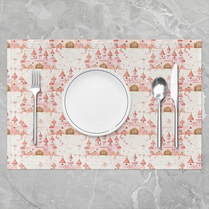 Erosebridal Cartoon Placemats 12X18 Inch Set of 4,Cute Fantasy Dreamy Castle Place Mats for Girls Child Kids,Beautiful Ribbon Floral Flowers Blossom Petals Waterproof Placemats for Kitchen Table - color: Hot Pink Brown Off White