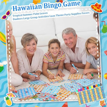 Eersida 192 Pack Summer Bingo Game Cards and 0.4 oz Dot Daubers Set Includes 144 Bingo Cards and 48 Dot Markers Summer Hawaiian Gifts Game Supplies for Beach Party Favor Family Casino Play Night - style: Summer