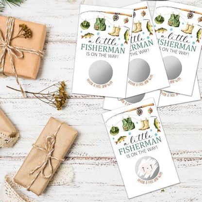 50 Pcs A Little Fisherman Is On The Way Birthday Scratch off Game Cards, Party Raffle Game Prizes for Fishing Baby Shower, Party Game Vouchers for Teens Adults Fishing Lover Family - color: White
