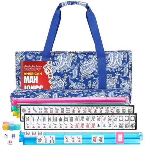 American Mahjong Set, 166 White Tiles with 4 Colors Acrylic Racks, Pushers, Flower Carrying Bag, Portable Travel Set - style: Flower Bag