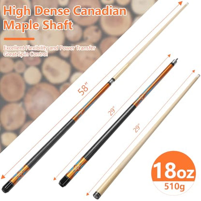 Pool Cue, 58" Pool Cue Sticks for Adults with 13MM Tips Canadian Maple Wood Leather Pattern Grip 18 19 20 21 oz, Professional Billiard Cues Players for Bar House Pool Table Sports 8/9 Ball - style: Gold 18oz