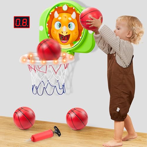 SYNCFUN Mini Basketball Hoop LED Scoring Indoor Hoop with 2 Balls, Indoor Adjustable Height Basketball Hoop, Space-Saving, Christmas Birthday Gifts Toy for Boy Girl Over 18 Months - style: Dinosaur