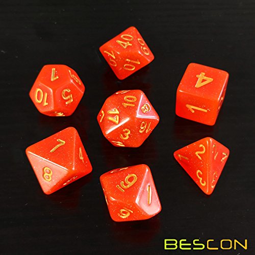Bescon Intensive Glitter DND Dice 7pcs Set Royal RED, New Glitter RPG Dice Set d4 d6 d8 d10 d12 d20 d%, Brick Box Packaging - color: Royal Red Set