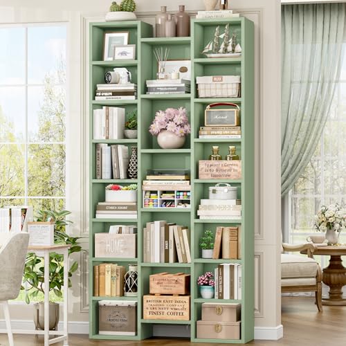 FOTOSOK 71'' Tall Bookshelf with 21 Cubes, 8 Tier Triple Wide Bookshelf with 8 Adjustable Shelves, 35" Large Bookcase DVD/CD Media Tower Storage, Freestanding Display Shelf Cabinet, Green - color: Green