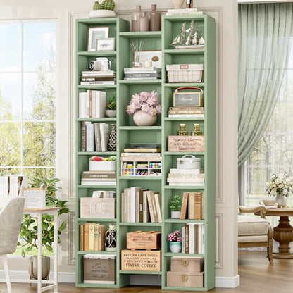 FOTOSOK 71'' Tall Bookshelf with 21 Cubes, 8 Tier Triple Wide Bookshelf with 8 Adjustable Shelves, 35" Large Bookcase DVD/CD Media Tower Storage, Freestanding Display Shelf Cabinet, Green - color: Green