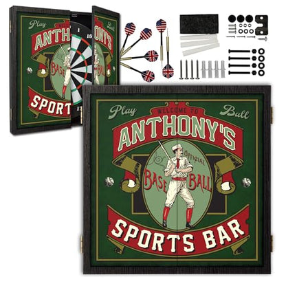 Personalized Dart Board Cabinet Set with 6 Steel Tip Darts, Paper Dartboard, Chalk & Eraser (21.5 x 21.5 x 2.75) - Man Cave Dart Boards for Adults - style: Baseball Sports Bar