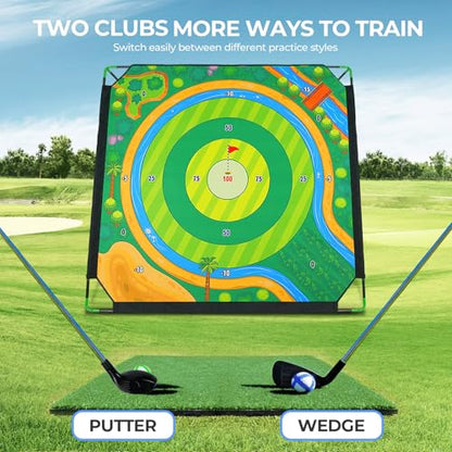 Golf Chipping Game Set with 2 Clubs – Large 71x71 inches Chipping Mat Target, 24 Sticky Balls, Hitting Mat & Scoreboard – Portable Backyard Golf Practice Game for Camping, Home & Gifts