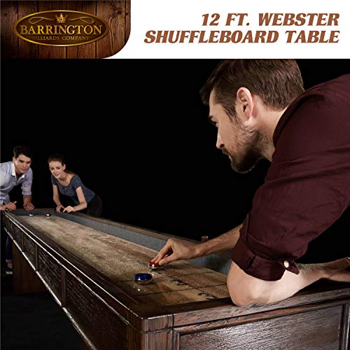 Barrington 12ft Webster Shuffleboard Table, Solid Wood, Storage Cabinets | 12ft rustic shuffleboard table with 1.75" solid wood poly-coated playfield, storage cabinets, 8 pucks & speed powder
