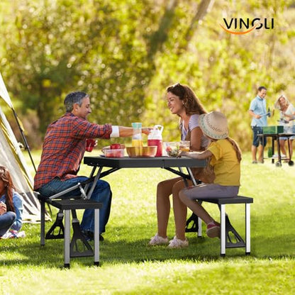VINGLI 4Ft Portable Folding Picnic Table Camping Table Foldable Set with 4 Seats with Umbrella Hole Suitcase Card Table-220 Lbs Support Aluminum Frame, Plastic RV Tabletop for Yard, Travel - color: Black