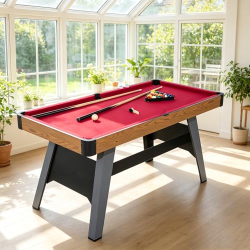 Pool Table Set with 2 Sticks 16 Balls Triangle Chalk Brush, Portable Wooden Billiards Game Table for Kids, Indoor Family Party Game Room and Playroom Fun - color: 54 Inch-red