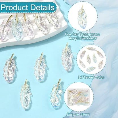 Stiesy 10 Pcs Feather Charms Pendants UV Plating Transparent Acrylic Wings Feathers Charm Bulk for Jewelry Bracelet Making DIY Crafts Necklace - color: Feather-10pcs-5 colors
