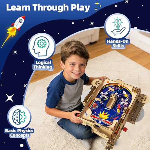 GobiDex DIY Pinball Machine Kit for Kids, Build Your Own Arcade Game, Wooden STEM Toy for Learning, Birthday Gift for Boys and Girls Ages 8+