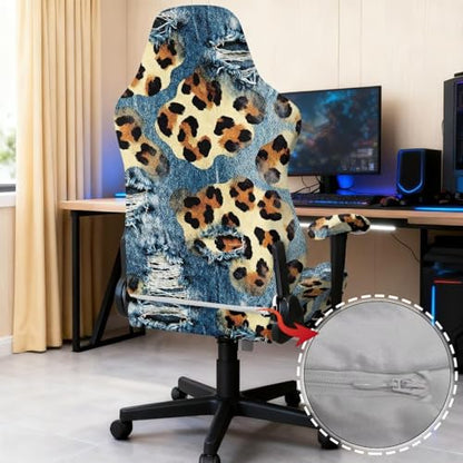 Suobstales Cowboy Leopard Print Gaming Chair Cover with Armrest Covers, Stretch Computer Desk Chair Covers Gamer Chair Slipcovers for Reclining Racing Gaming Chair - color: Cowboy Leopard