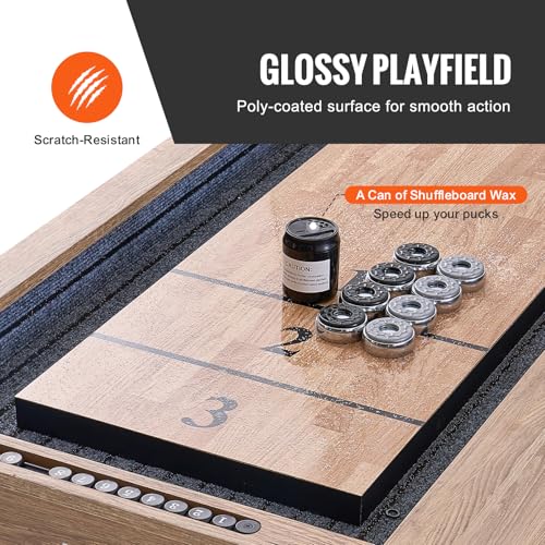 VEVOR Shuffleboard Table, 9 ft Shuffleboard for Family Game Rooms, 2 in 1 Shuffleboard and Bowling Combo Game Set, with Scratch-Resistant Playfield, Legs, 8 Pucks, Bowling Set, Wax, and Table Brush - size: 9ft