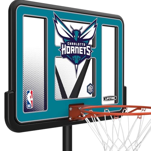 Lifetime NBA Charlotte Hornets Portable Basketball Hoop, Adjustable Height 7.5-10 Ft, 44 Inch Shatterproof Fusion Backboard, Base with Wheels - color: Charlotte Hornets