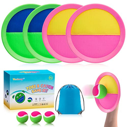 Weehoey Beach Toys - Outdoor Games for Kids, Toss and Catch Ball Set with 4 Paddles 3 Balls, Toys for 3 4 5 6 7 8+ Year Old Boys Girls Christmas Birthday Gifts (Pink and Green) - color: Pink and Green