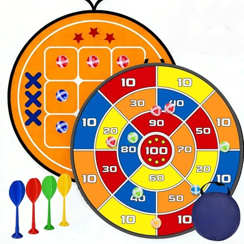 Outdoor Games Upgraded Set: Large Dart Boards with 12 Sticky Darts, 29" Tic Tac Toe with 12 Balls, Double Fun for Kids Family Summer Backyard Pool Beach Party Games