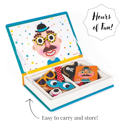 Janod - Magnetibook 83 Pc Magnetic Boy Crazy Face Dress Up Game - Decorating Fridge with Magnetic Letters - Enhances Creativity and Learning - Boosts Self-Confidence - Portable and Easy Storage - style: Boy Crazy Faces Dress Up